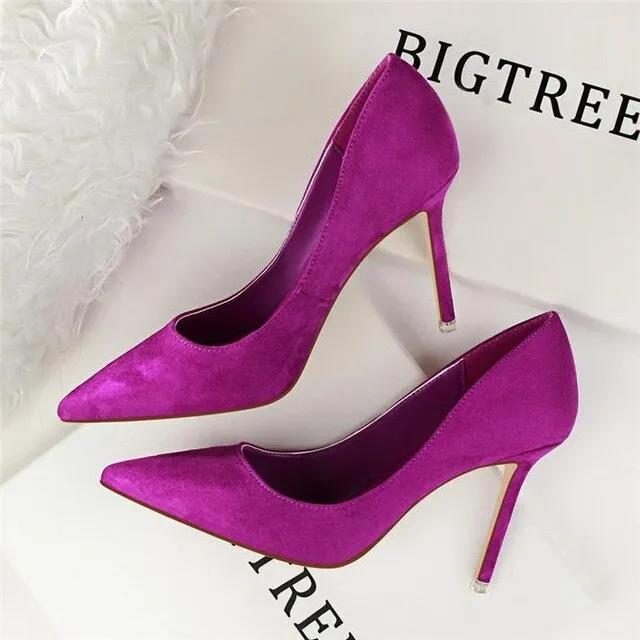 BIGTREE Solid Flock Shallow High Heels Woman Shoes Pointed Toe Office Work Shoes For Women 9 Colors Ladies Concise Pumps