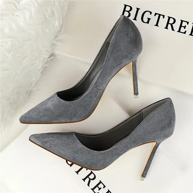 BIGTREE Solid Flock Shallow High Heels Woman Shoes Pointed Toe Office Work Shoes For Women 9 Colors Ladies Concise Pumps