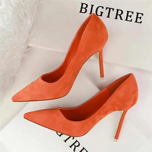 BIGTREE Solid Flock Shallow High Heels Woman Shoes Pointed Toe Office Work Shoes For Women 9 Colors Ladies Concise Pumps