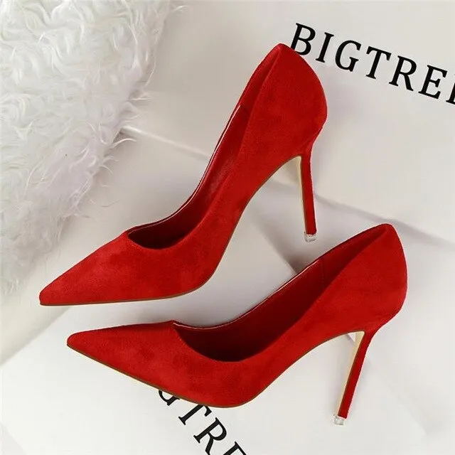 BIGTREE Solid Flock Shallow High Heels Woman Shoes Pointed Toe Office Work Shoes For Women 9 Colors Ladies Concise Pumps