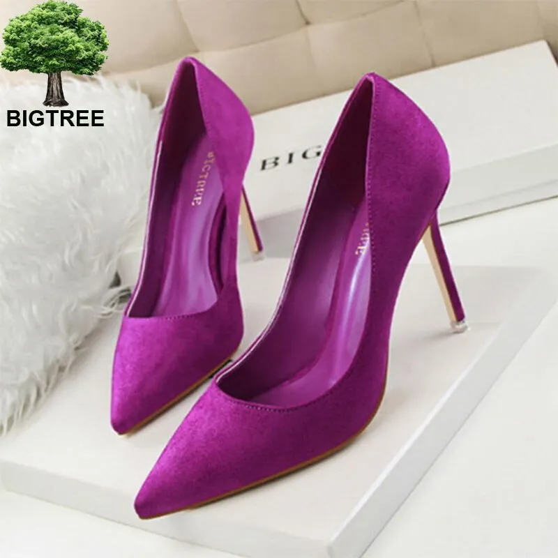 BIGTREE Solid Flock Shallow High Heels Woman Shoes Pointed Toe Office Work Shoes For Women 9 Colors Ladies Concise Pumps