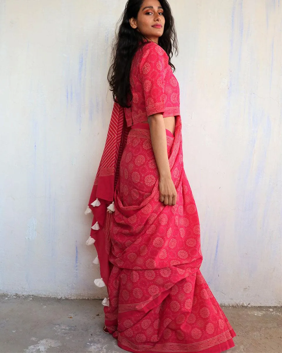 Bira Hand Blockprinted Cotton Saree - Butterfly Girls