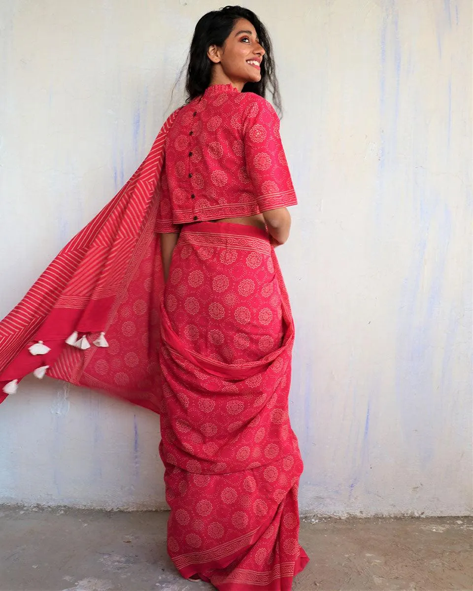 Bira Hand Blockprinted Cotton Saree - Butterfly Girls