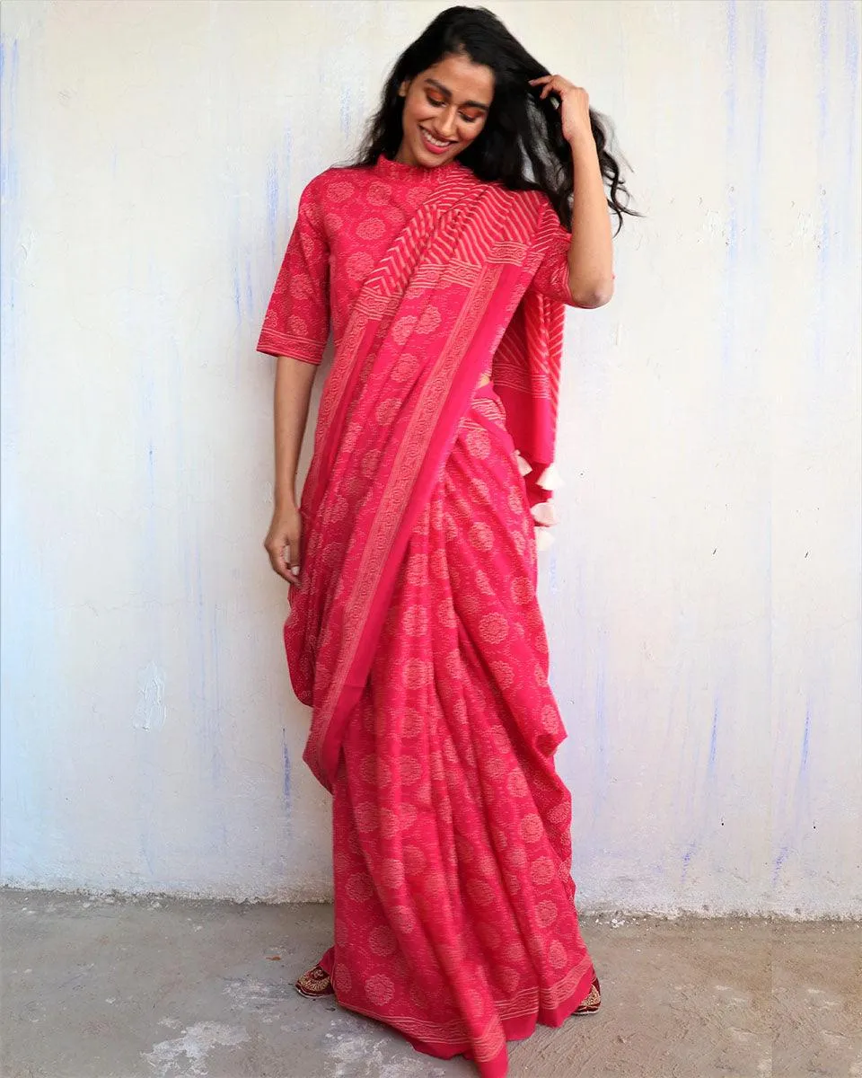 Bira Hand Blockprinted Cotton Saree - Butterfly Girls
