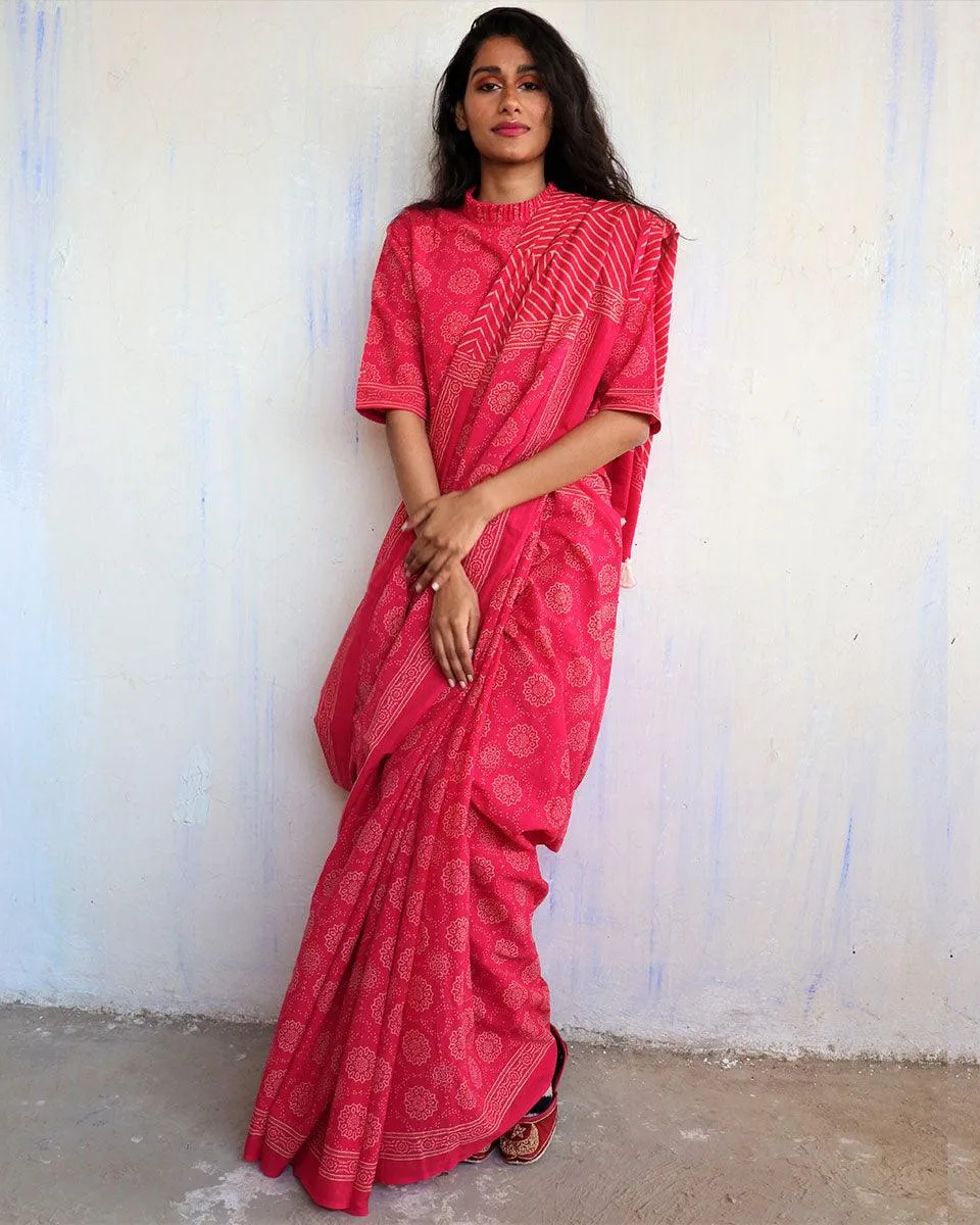 Bira Hand Blockprinted Cotton Saree - Butterfly Girls