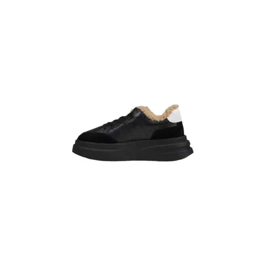 Black Leather Sneaker with Faux Fur Trim
