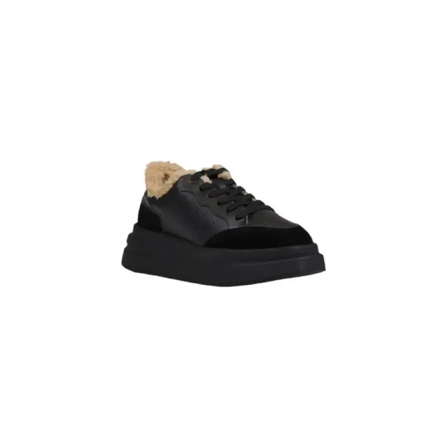 Black Leather Sneaker with Faux Fur Trim