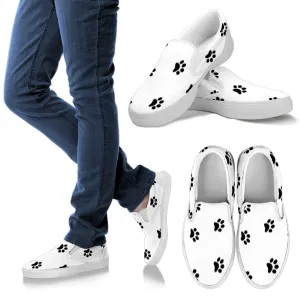 Black Paw Print On White Women's Slip-Ons