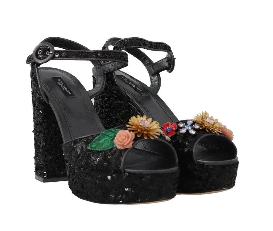Black Sequin Leather Crystal Sandals