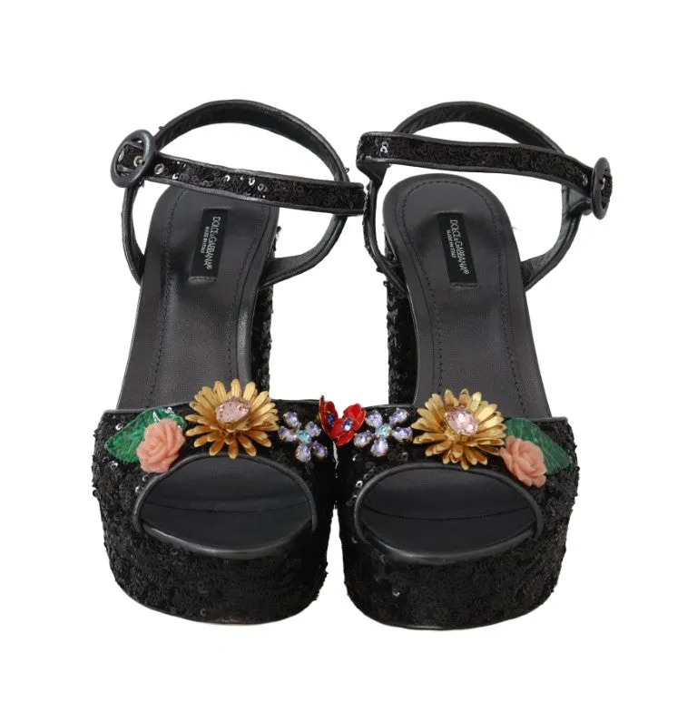 Black Sequin Leather Crystal Sandals