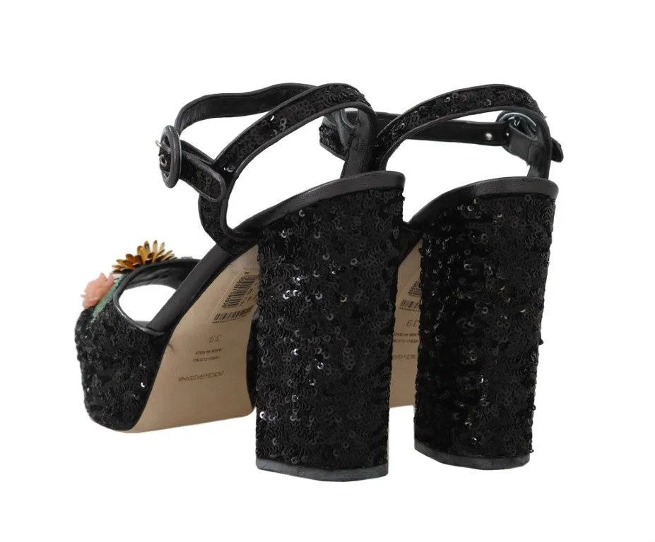 Black Sequin Leather Crystal Sandals