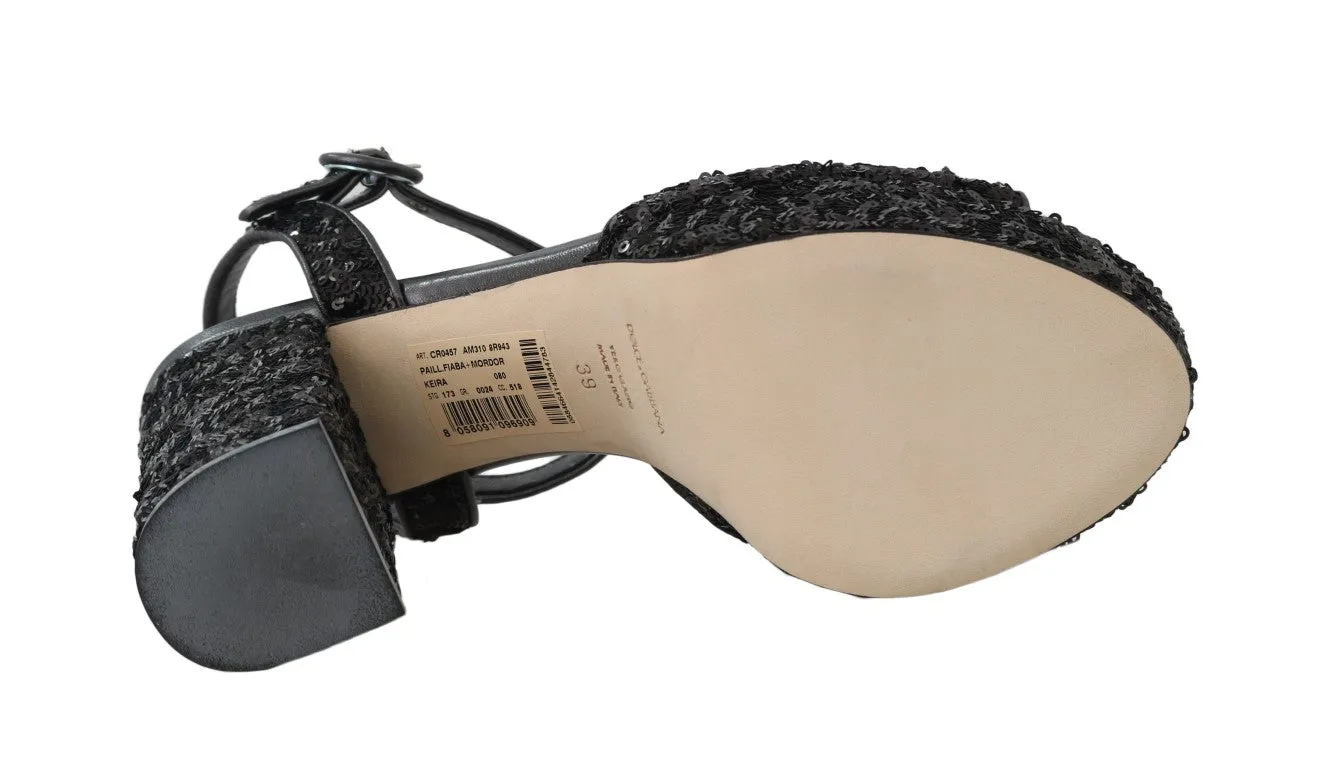 Black Sequin Leather Crystal Sandals