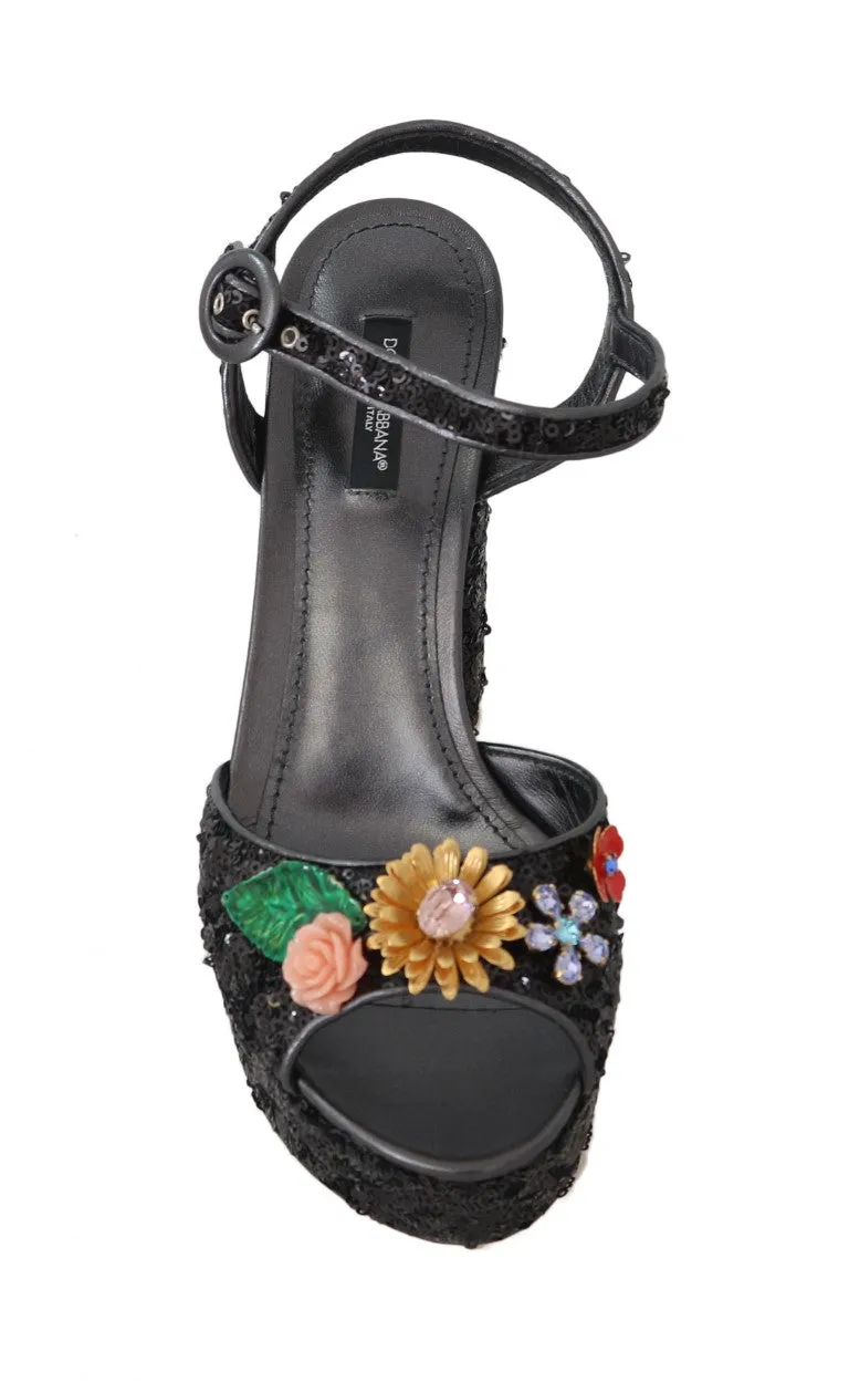 Black Sequin Leather Crystal Sandals