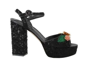 Black Sequin Leather Crystal Sandals