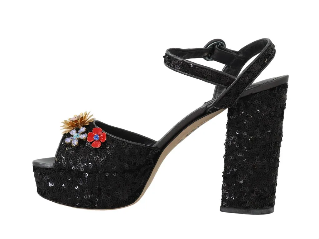 Black Sequin Leather Crystal Sandals