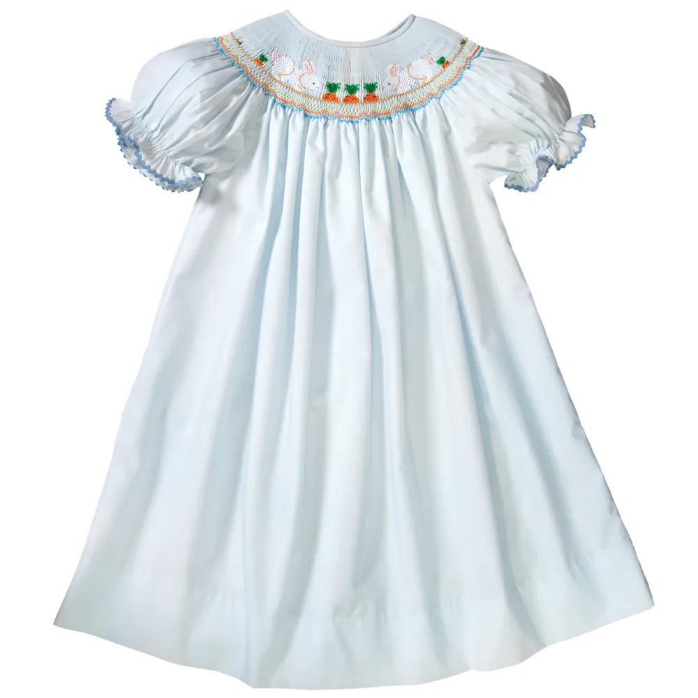 Bunnies & Carrot Garden Light Blue Smocked Bishop