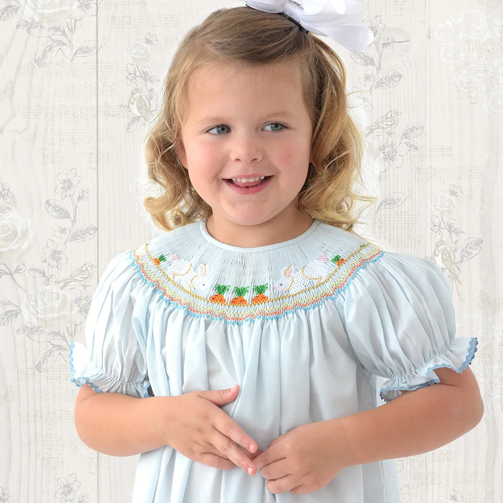 Bunnies & Carrot Garden Light Blue Smocked Bishop