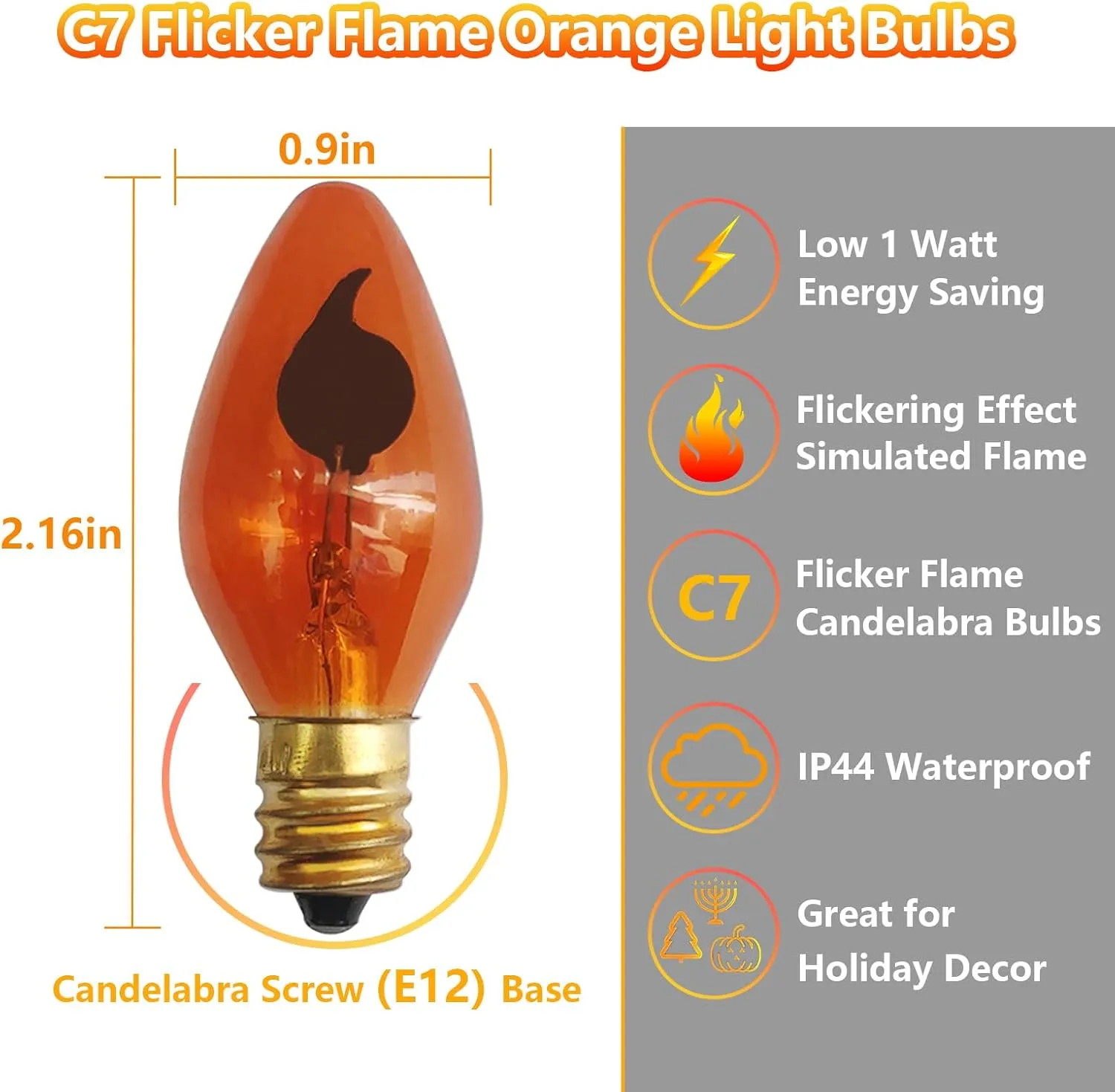 C7 Flickering Flame Light Bulbs, 12 Pack Orange Flickering Light Bulbs E12 Ca...