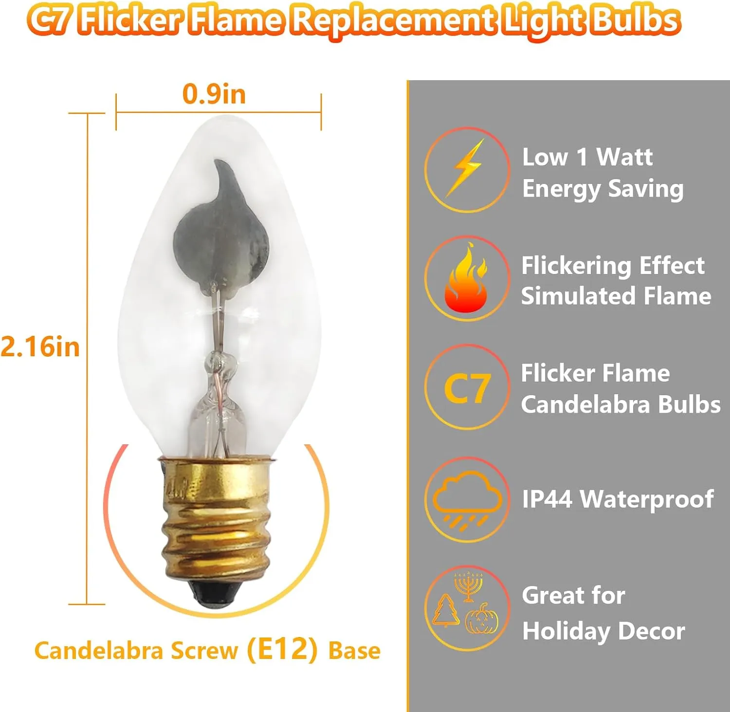 C7 Flickering Flame Light Bulbs, 12 Pack Orange Flickering Light Bulbs E12 Ca...