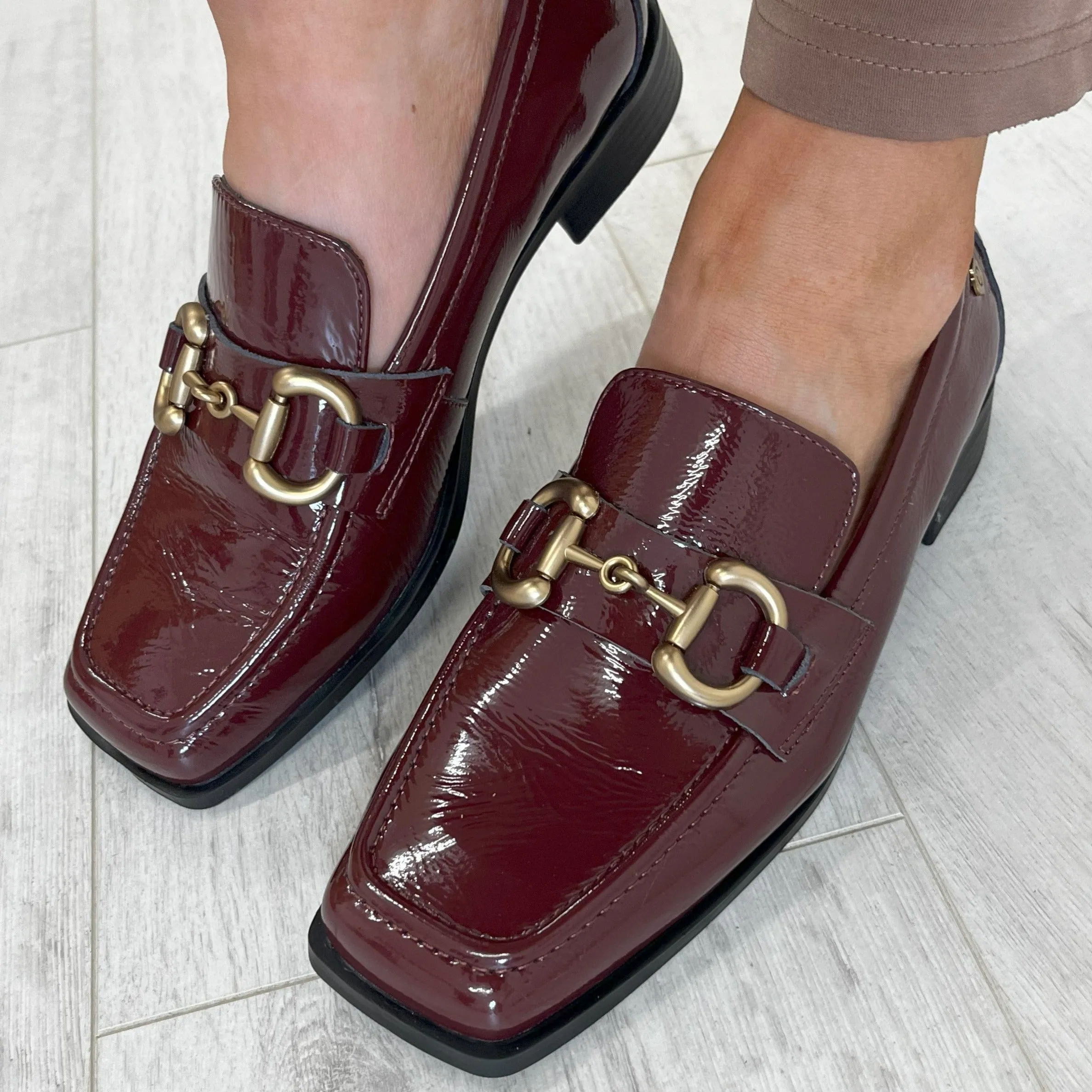 Carmela Burgundy Patent Leather Square Toe Loafers