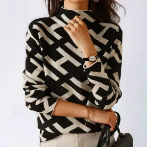 Caroline | Women's Spring Chic Geometric Knitted Top | Long Sleeve