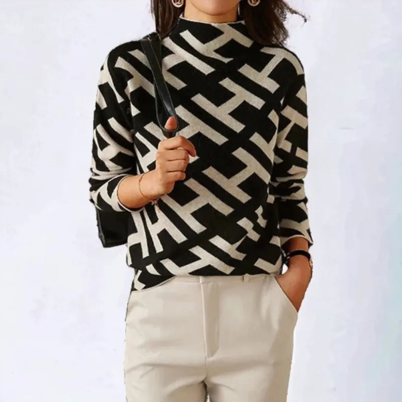 Caroline | Women's Spring Chic Geometric Knitted Top | Long Sleeve