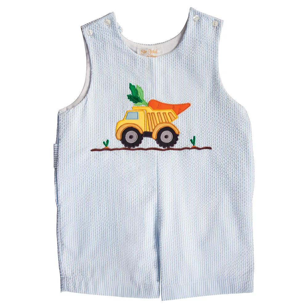 Carrot Truck Applique Blue Striped Seersucker Romper