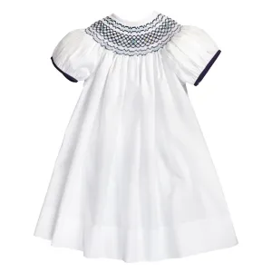 Cassidy White with Navy Blue English Smocked Bishop w/Cap Sleeves