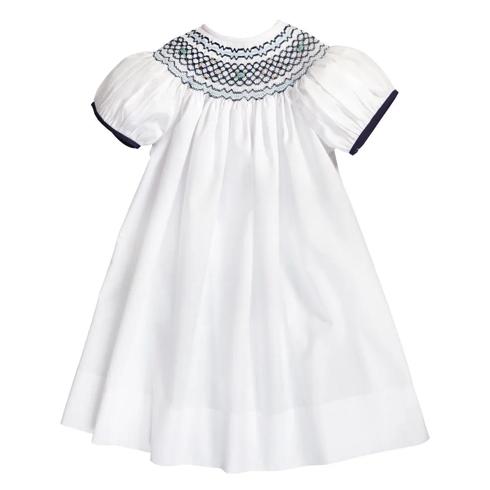 Cassidy White with Navy Blue English Smocked Bishop w/Cap Sleeves