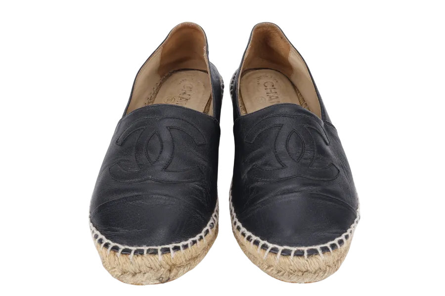 CHANEL ESPADRILLES SHOES BLACK LEATHER SIZE 38 WITH DUST COVER
