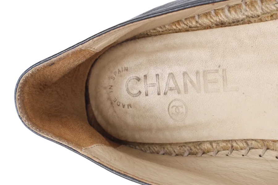 CHANEL ESPADRILLES SHOES BLACK LEATHER SIZE 38 WITH DUST COVER