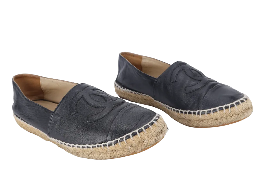 CHANEL ESPADRILLES SHOES BLACK LEATHER SIZE 38 WITH DUST COVER