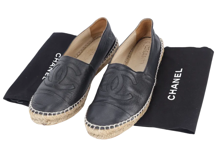 CHANEL ESPADRILLES SHOES BLACK LEATHER SIZE 38 WITH DUST COVER