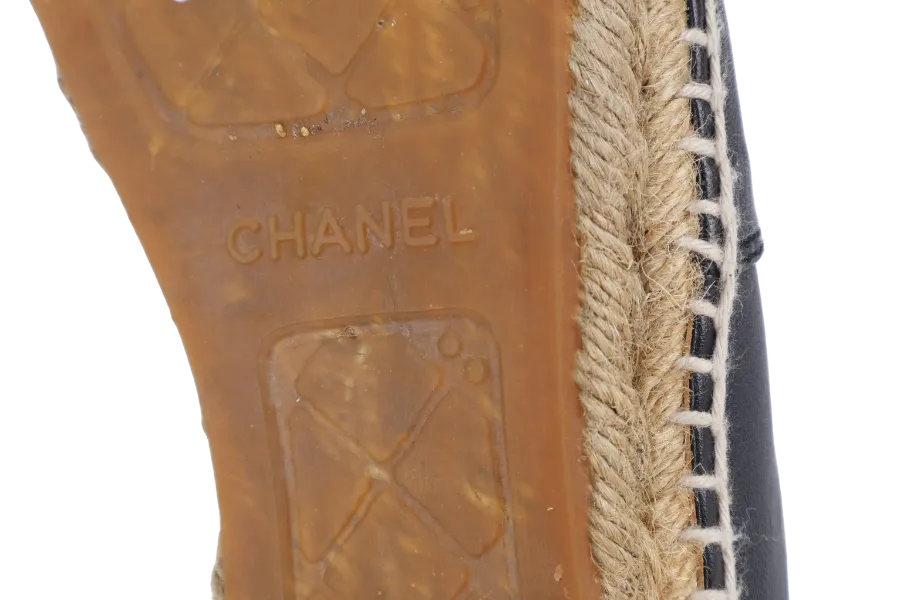 CHANEL ESPADRILLES SHOES BLACK LEATHER SIZE 38 WITH DUST COVER