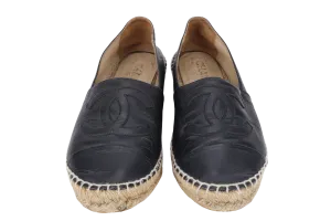 CHANEL ESPADRILLES SHOES BLACK LEATHER SIZE 38 WITH DUST COVER