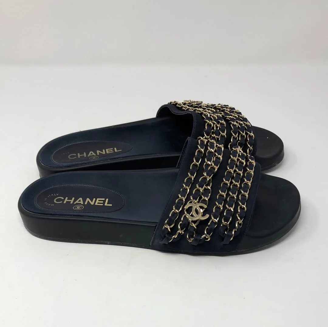 Chanel navy Tropiconic slides with gold chain and cc