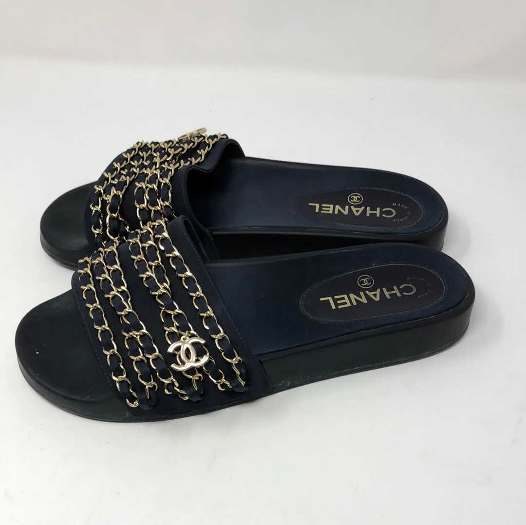 Chanel navy Tropiconic slides with gold chain and cc
