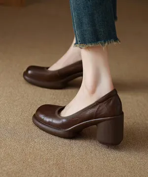 Chic Comfy Brown Cowhide Leather Embossed Loafer Shoes YC005