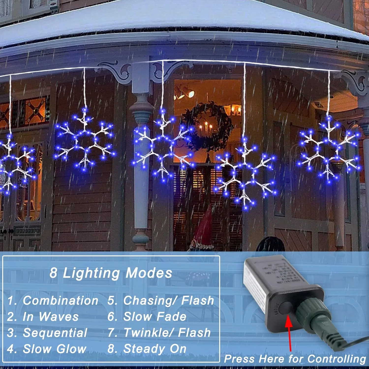 Christmas Snowflake Icicle Lights Outdoor Hanging 3 Pcs Large Snowflake Blue