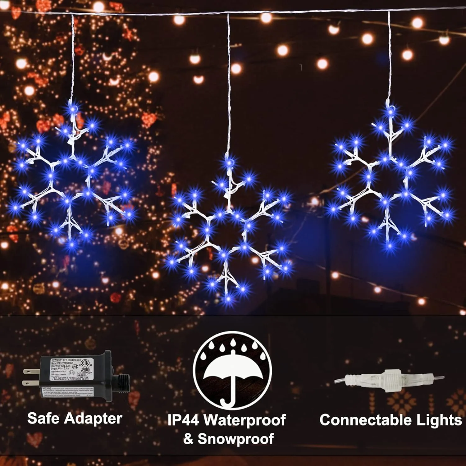 Christmas Snowflake Icicle Lights Outdoor Hanging 3 Pcs Large Snowflake Blue