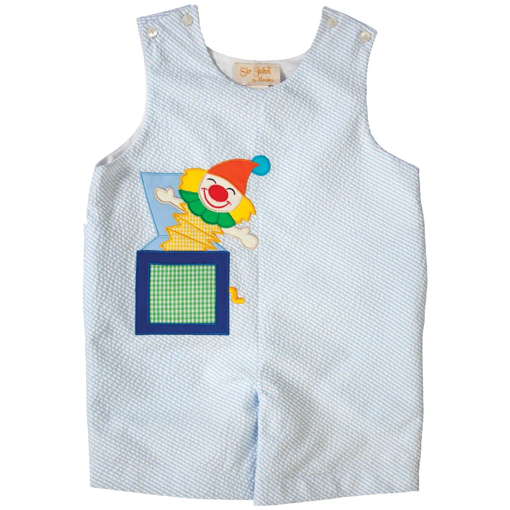 Clown Applique Blue Striped Seersucker Romper