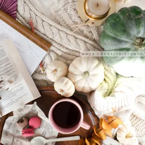 Coffee, Book & Fall Pumpkins. Digital Stock Image.