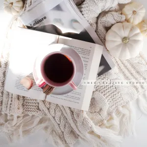 Coffee, Pumpkin & a Book in Sunshine. Digital Stock Image.