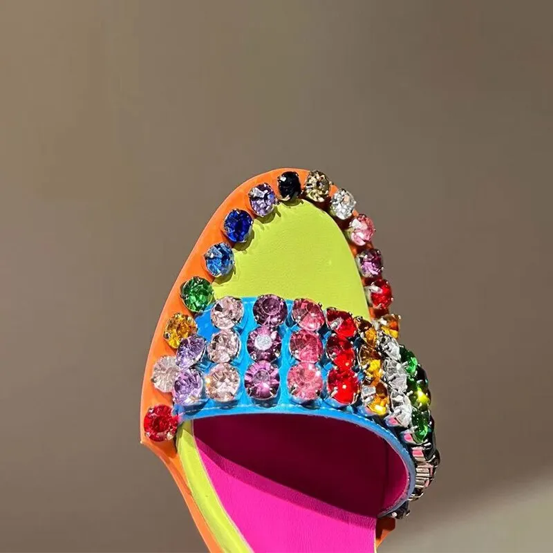Colorful Crystal Rivets High Heels Buckle Women Sandals Evening Party Pumps Patchwork Women&#39;s Summer Shoes