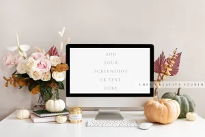 Computer, Fall Pumpkins & Flowers. Digital Stock Image.
