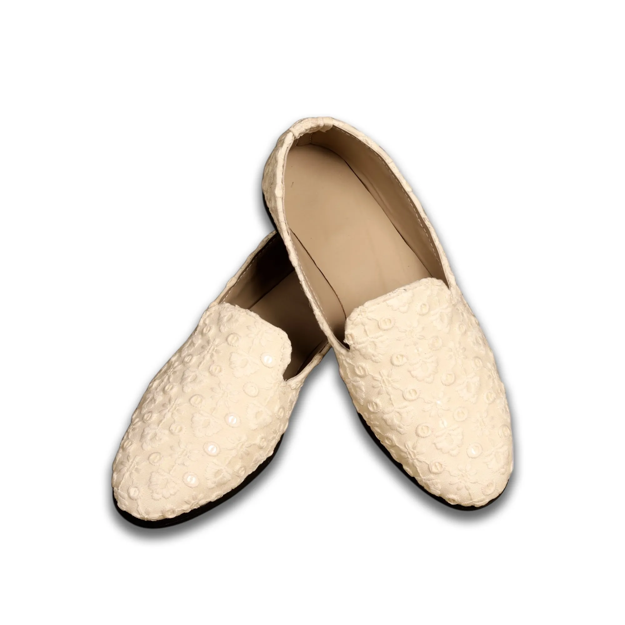 Cream Embroidery Loafer Shoes For Men