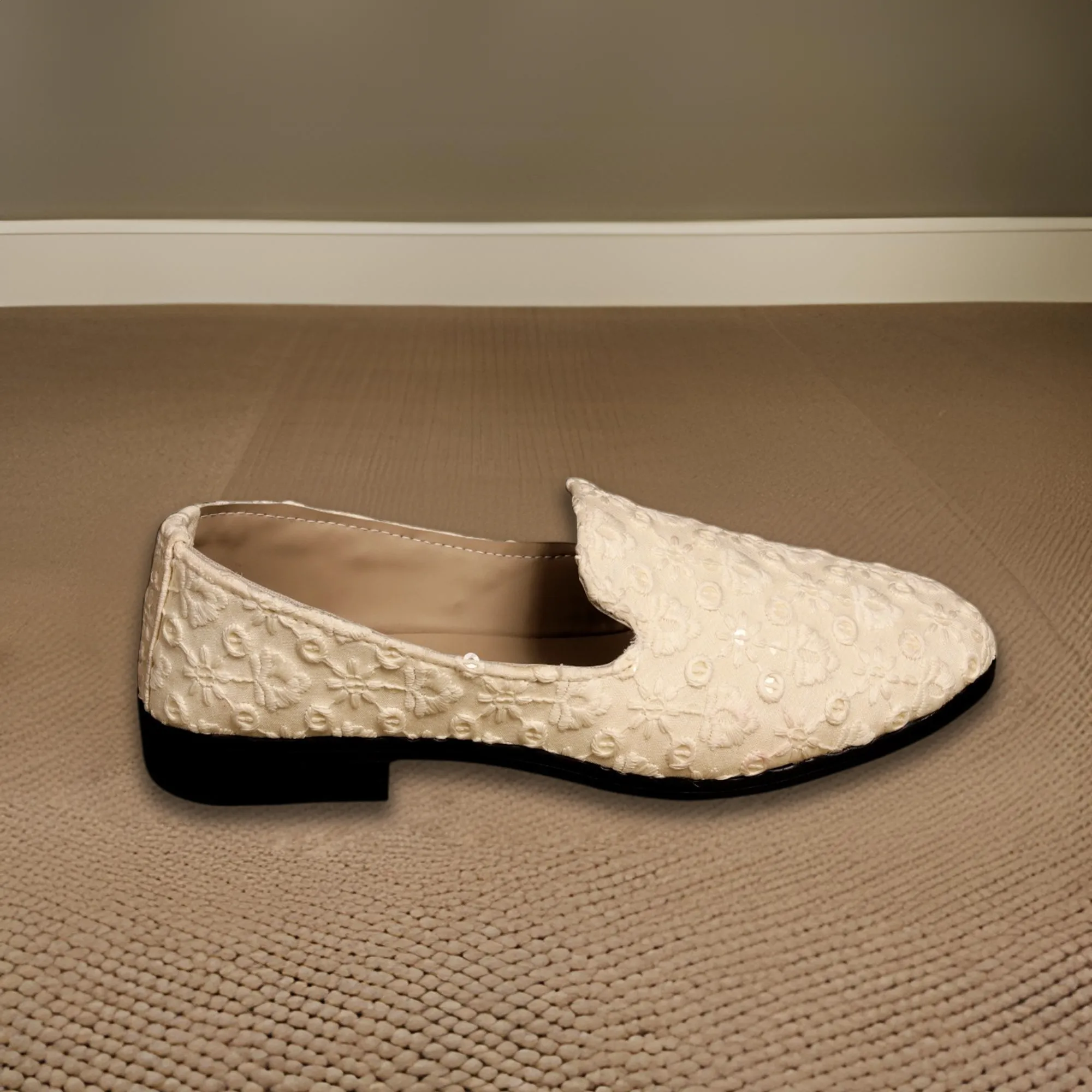 Cream Embroidery Loafer Shoes For Men
