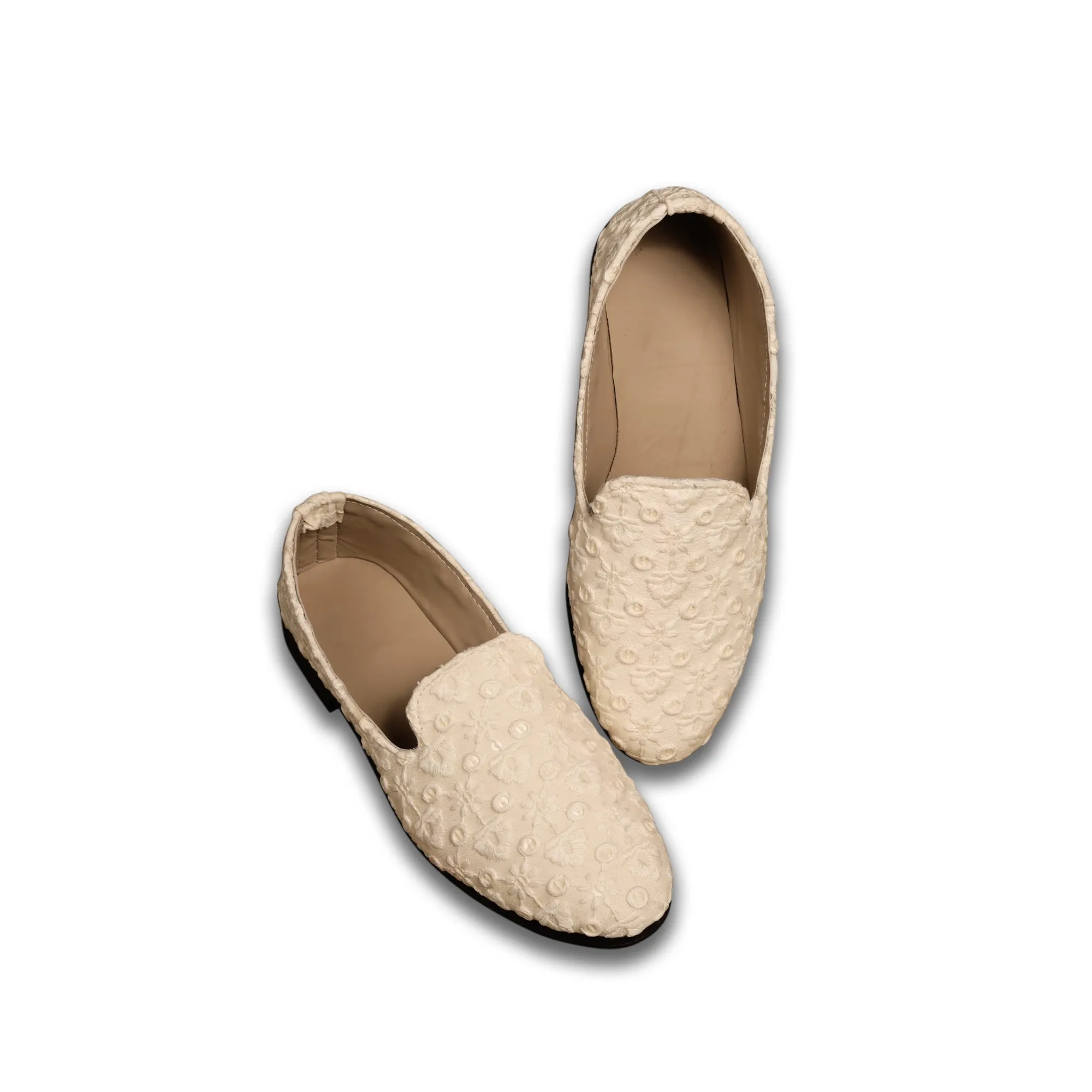 Cream Embroidery Loafer Shoes For Men