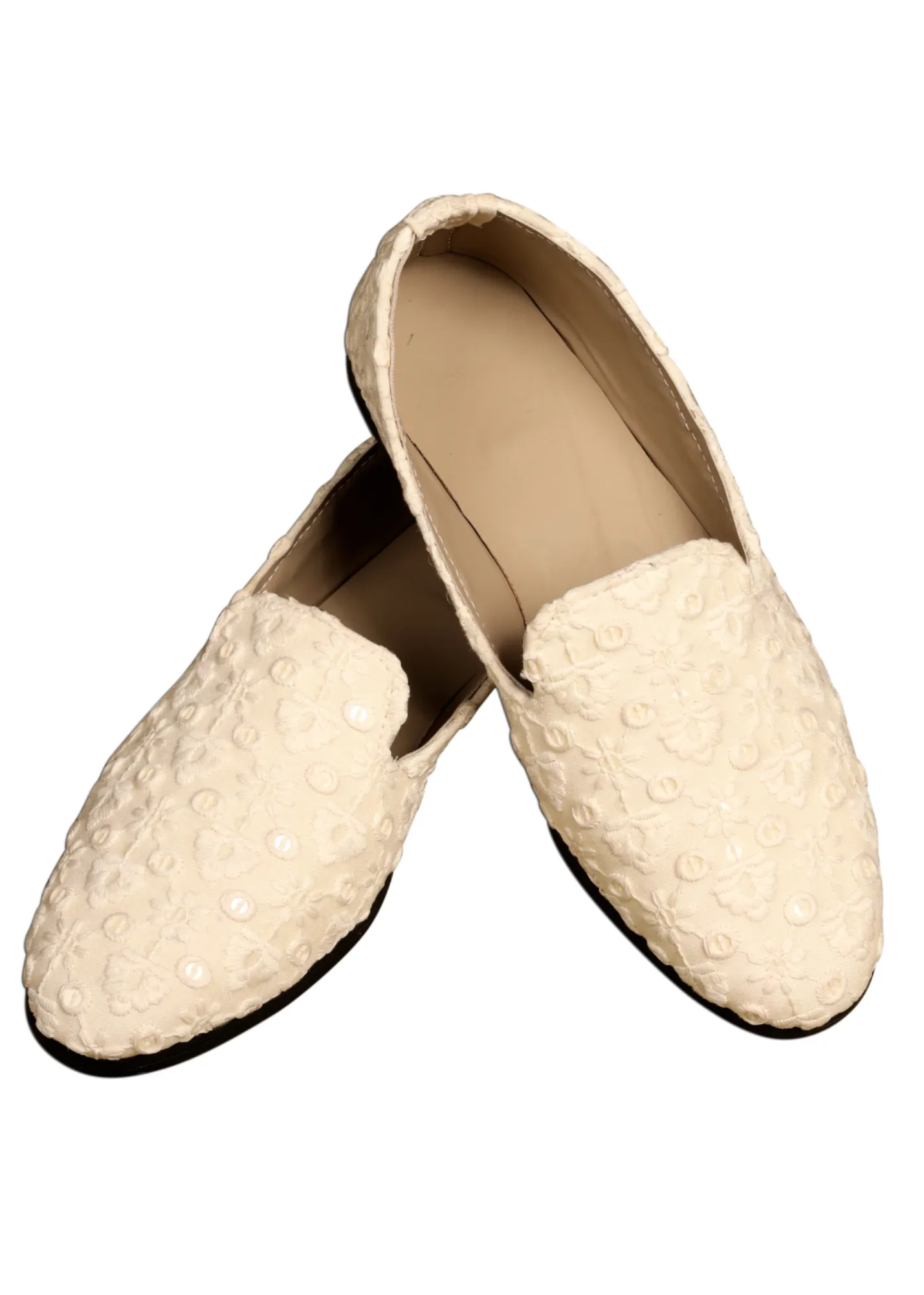 Cream Embroidery Loafer Shoes For Men