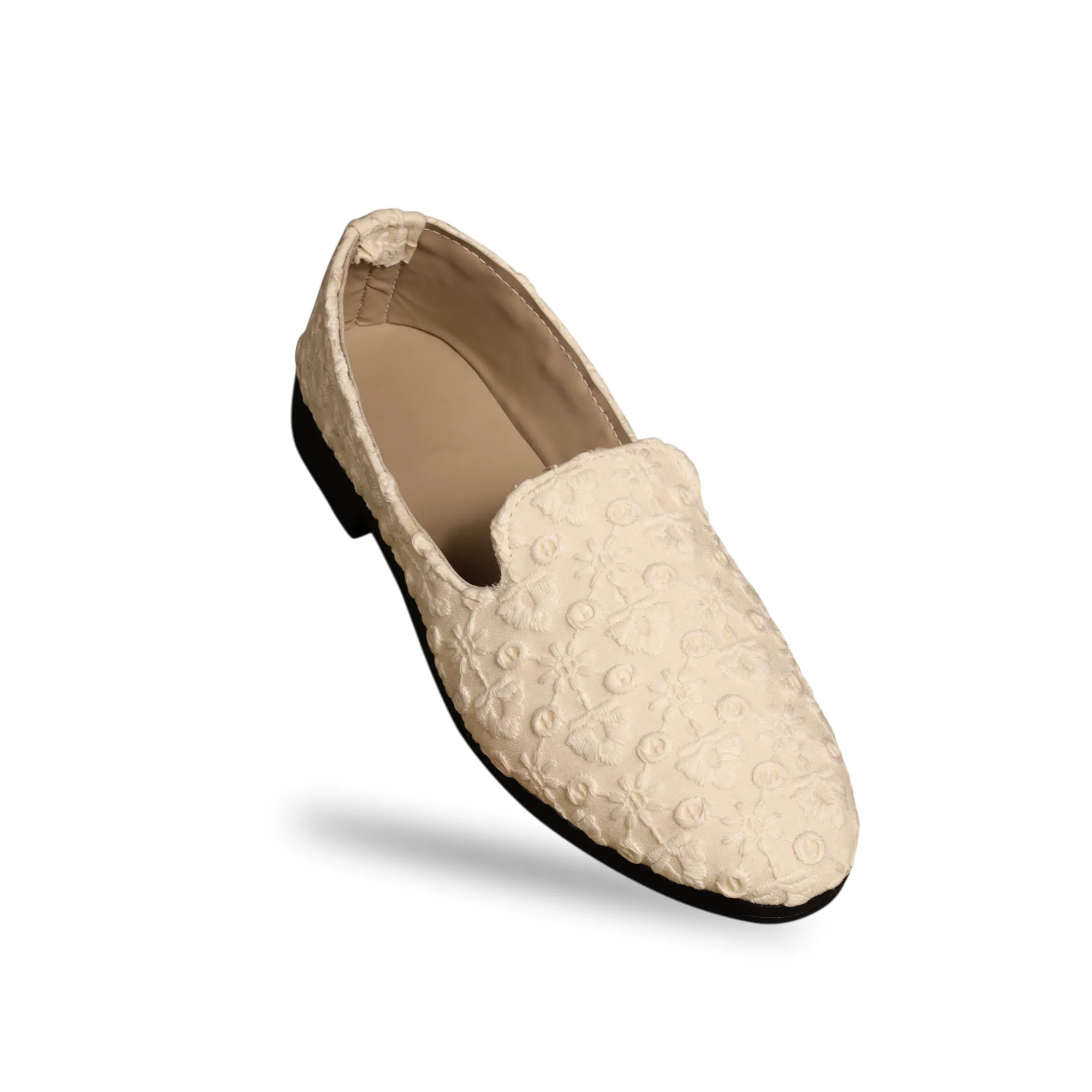 Cream Embroidery Loafer Shoes For Men